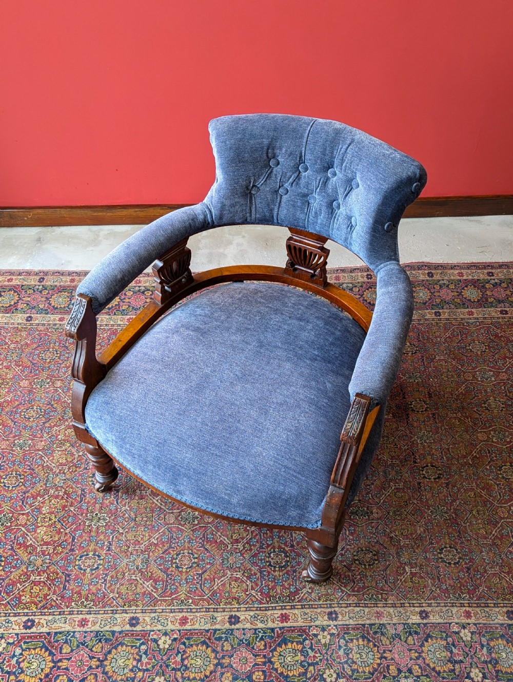 Antique Victorian Mahogany Blue Tub Chair View IV