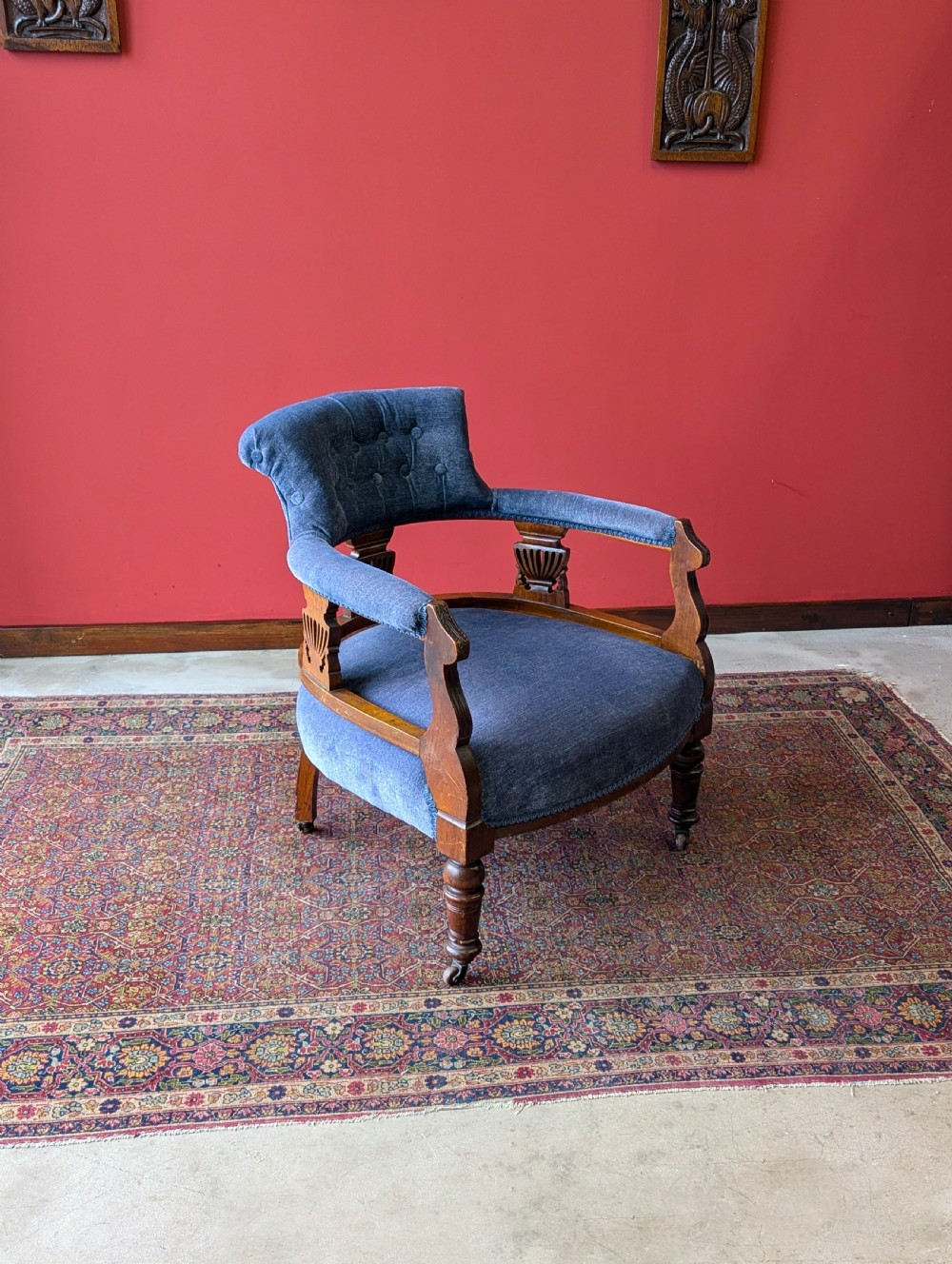 Antique Victorian Mahogany Blue Tub Chair View V