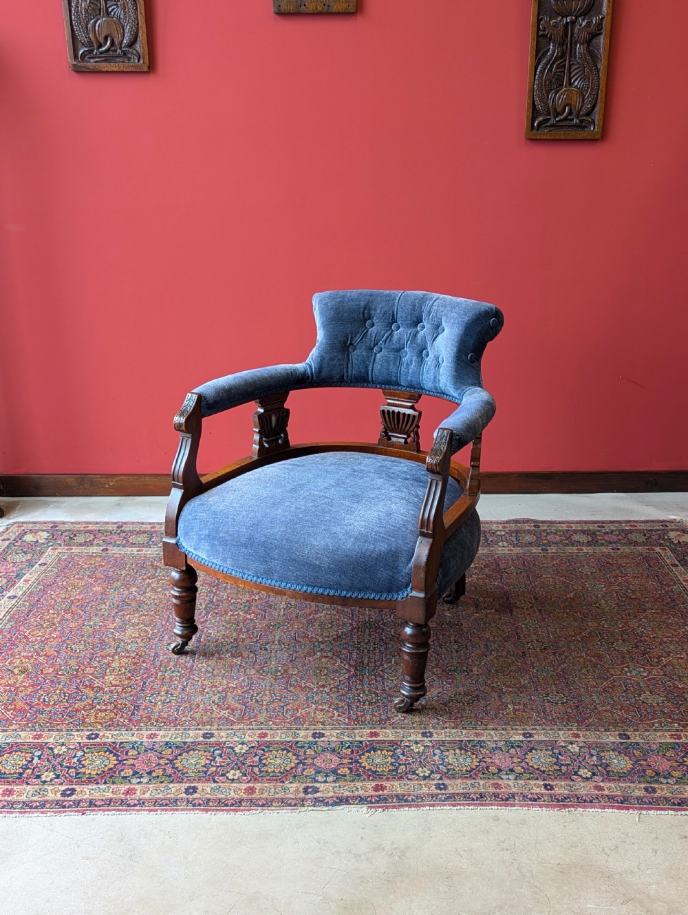 Antique Victorian Mahogany Blue Tub Chair View VIII