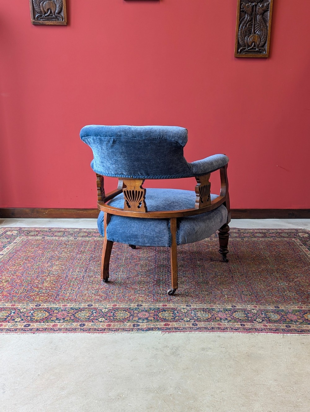 Antique Victorian Mahogany Blue Tub Chair View IX