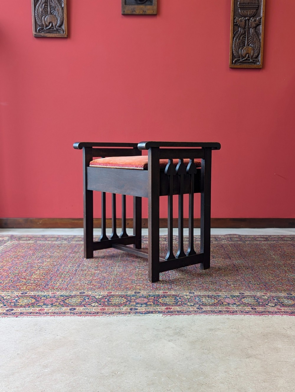 Antique Arts & Crafts Dark Oak Piano Stool with Storage View II