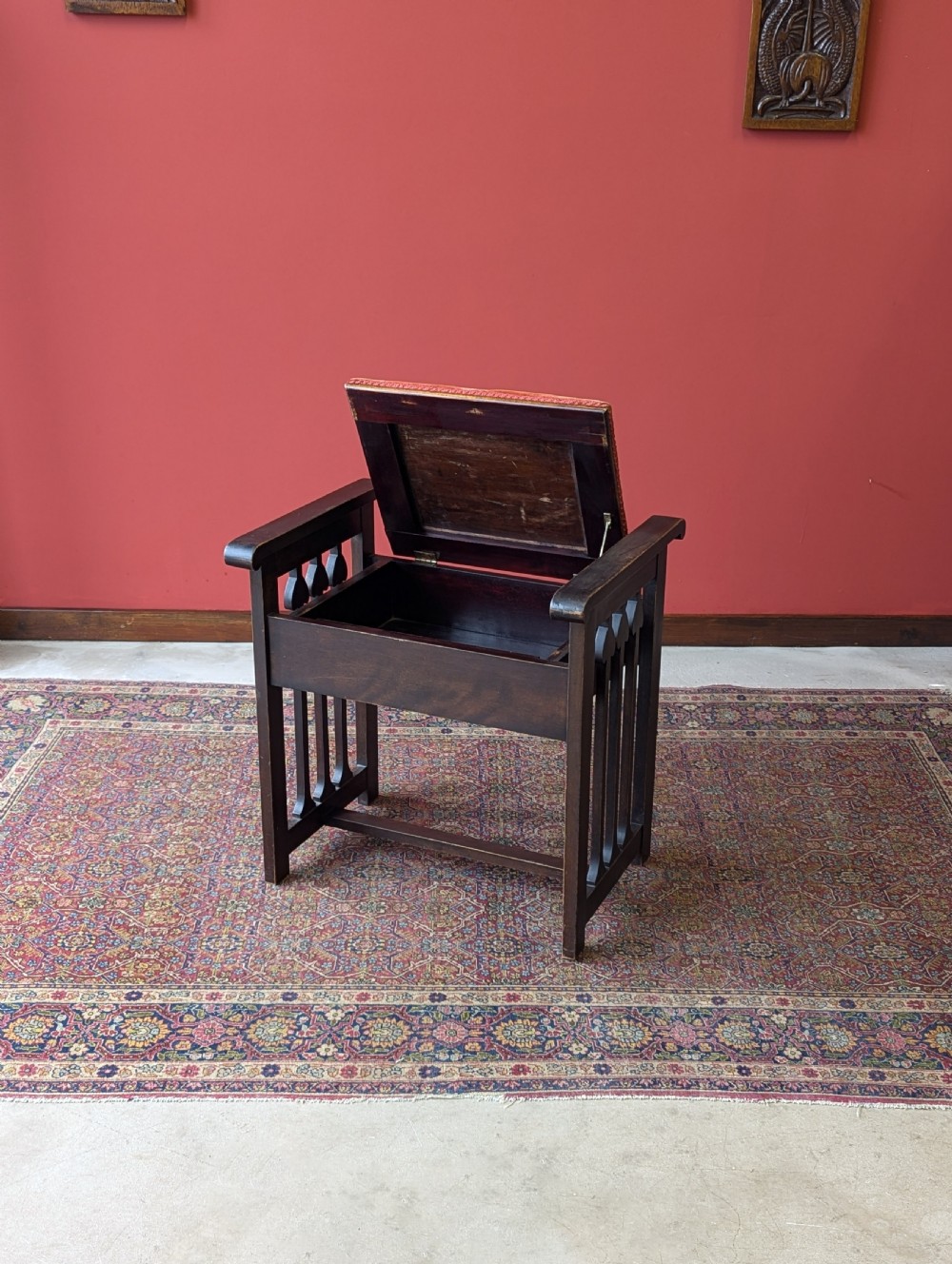 Antique Arts & Crafts Dark Oak Piano Stool with Storage View IX