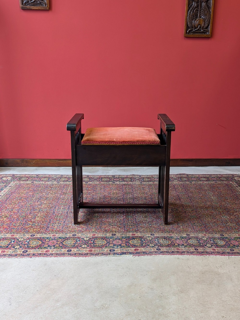 Antique Arts & Crafts Dark Oak Piano Stool with Storage View X