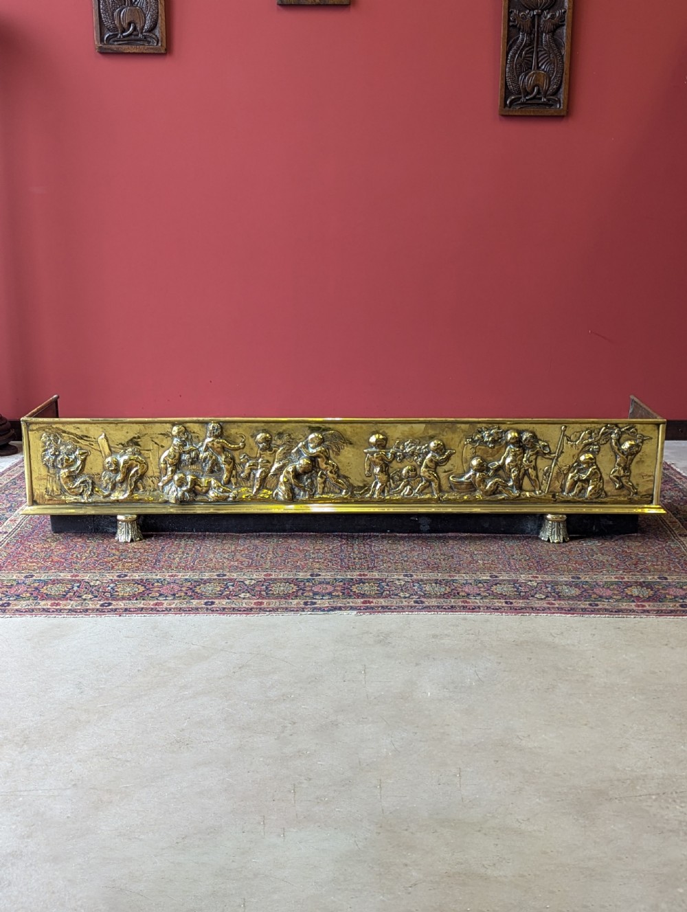 Antique Large Victorian Decorative Embossed Brass Fireplace Fender View II