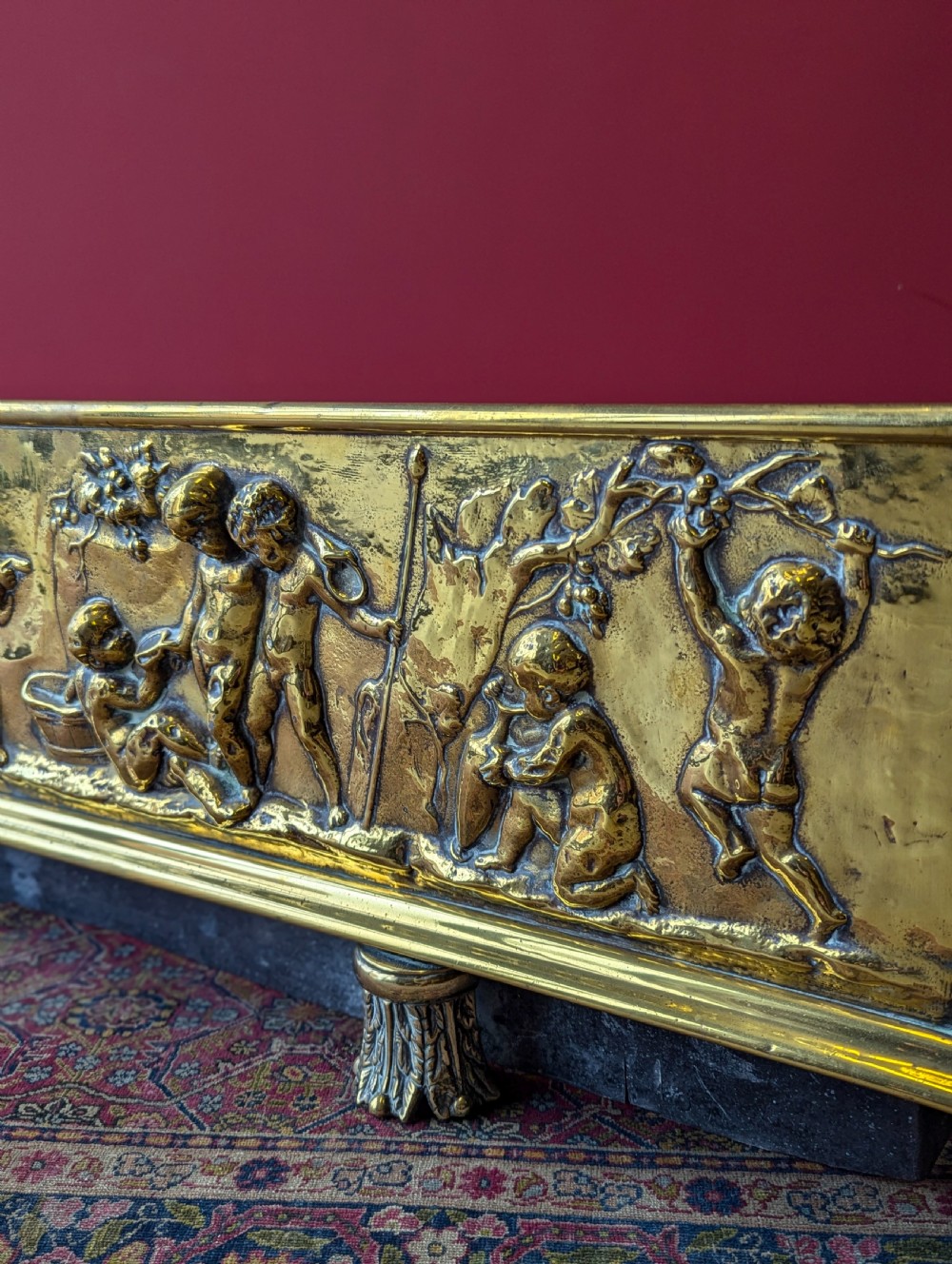 Antique Large Victorian Decorative Embossed Brass Fireplace Fender View IV