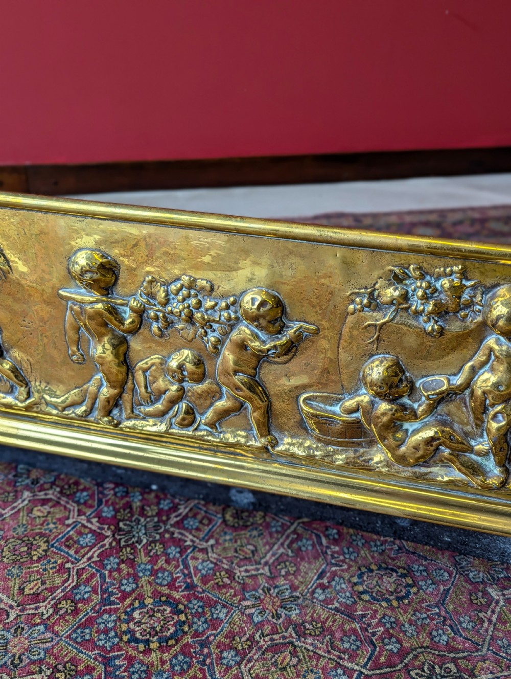 Antique Large Victorian Decorative Embossed Brass Fireplace Fender View V