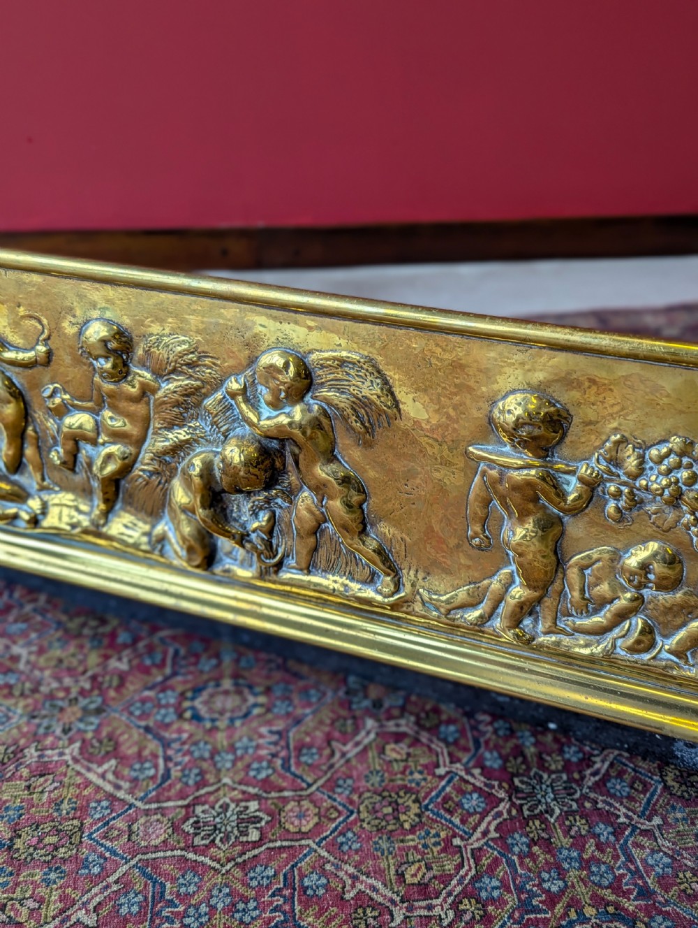 Antique Large Victorian Decorative Embossed Brass Fireplace Fender View VI