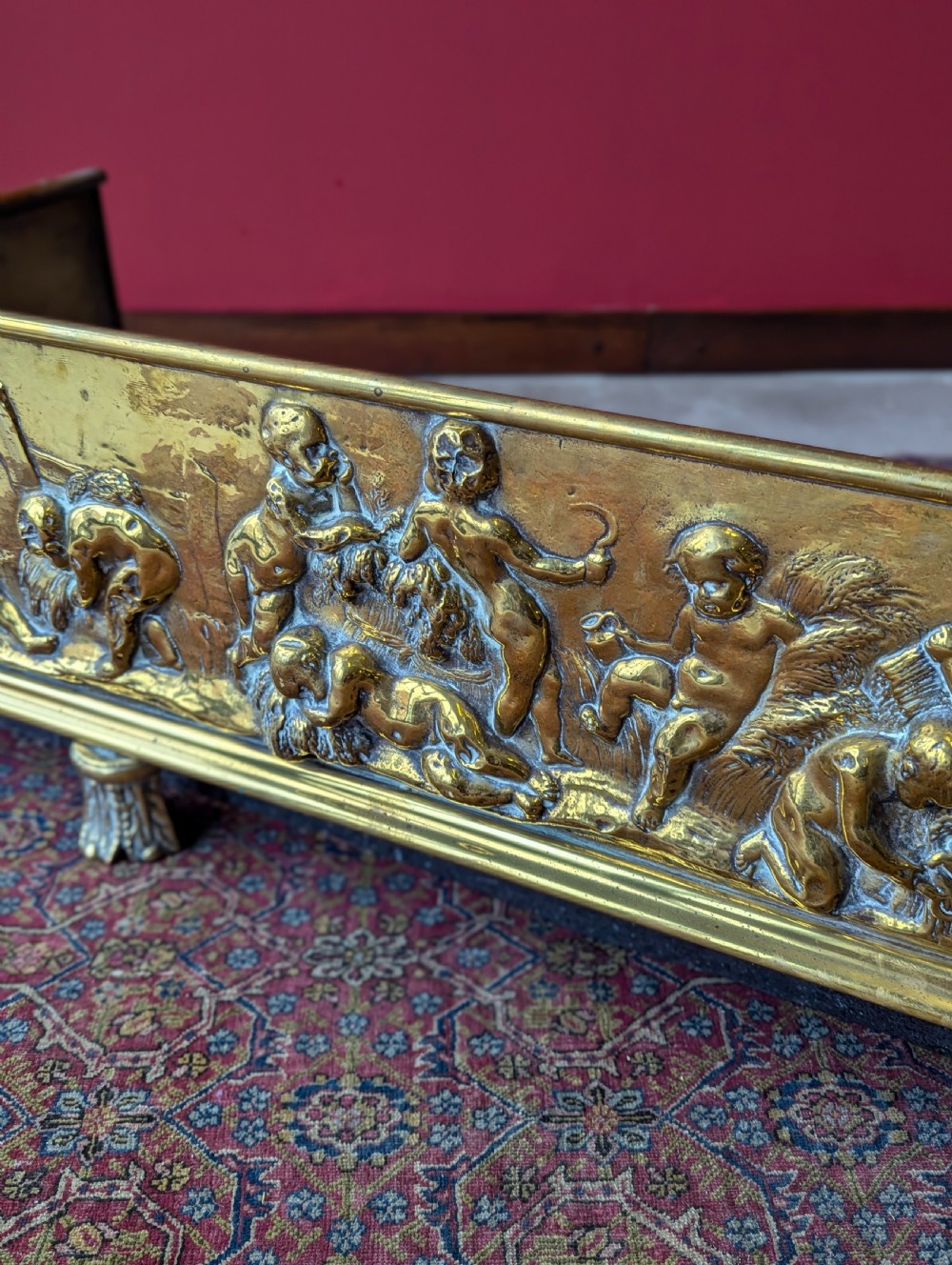 Antique Large Victorian Decorative Embossed Brass Fireplace Fender View VII