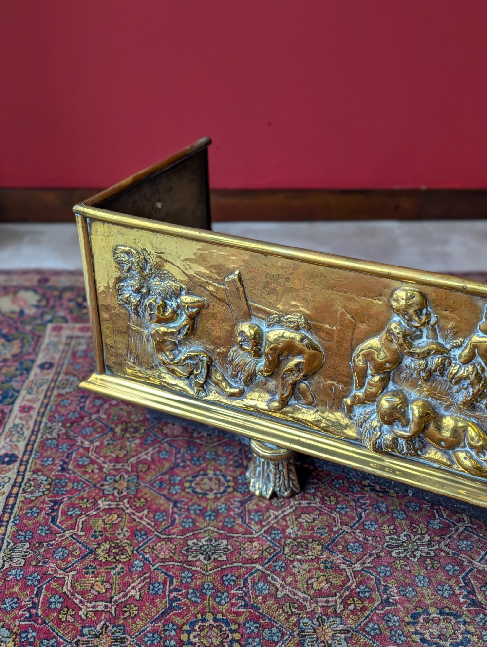 Antique Large Victorian Decorative Embossed Brass Fireplace Fender View VIII
