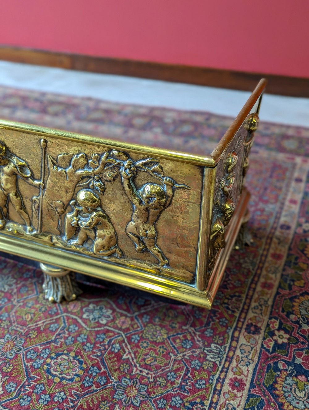 Antique Large Victorian Decorative Embossed Brass Fireplace Fender View IX