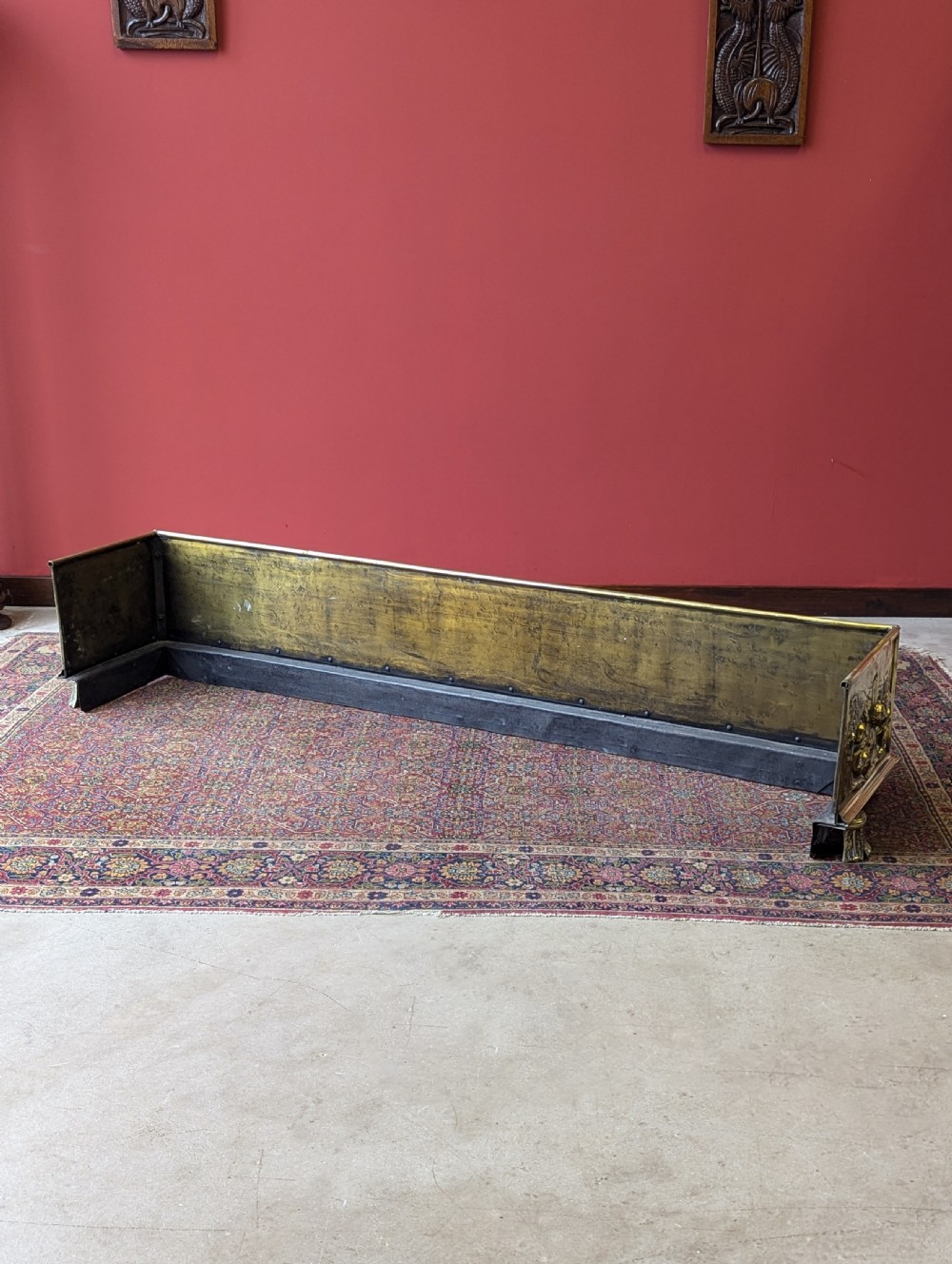 Antique Large Victorian Decorative Embossed Brass Fireplace Fender View X