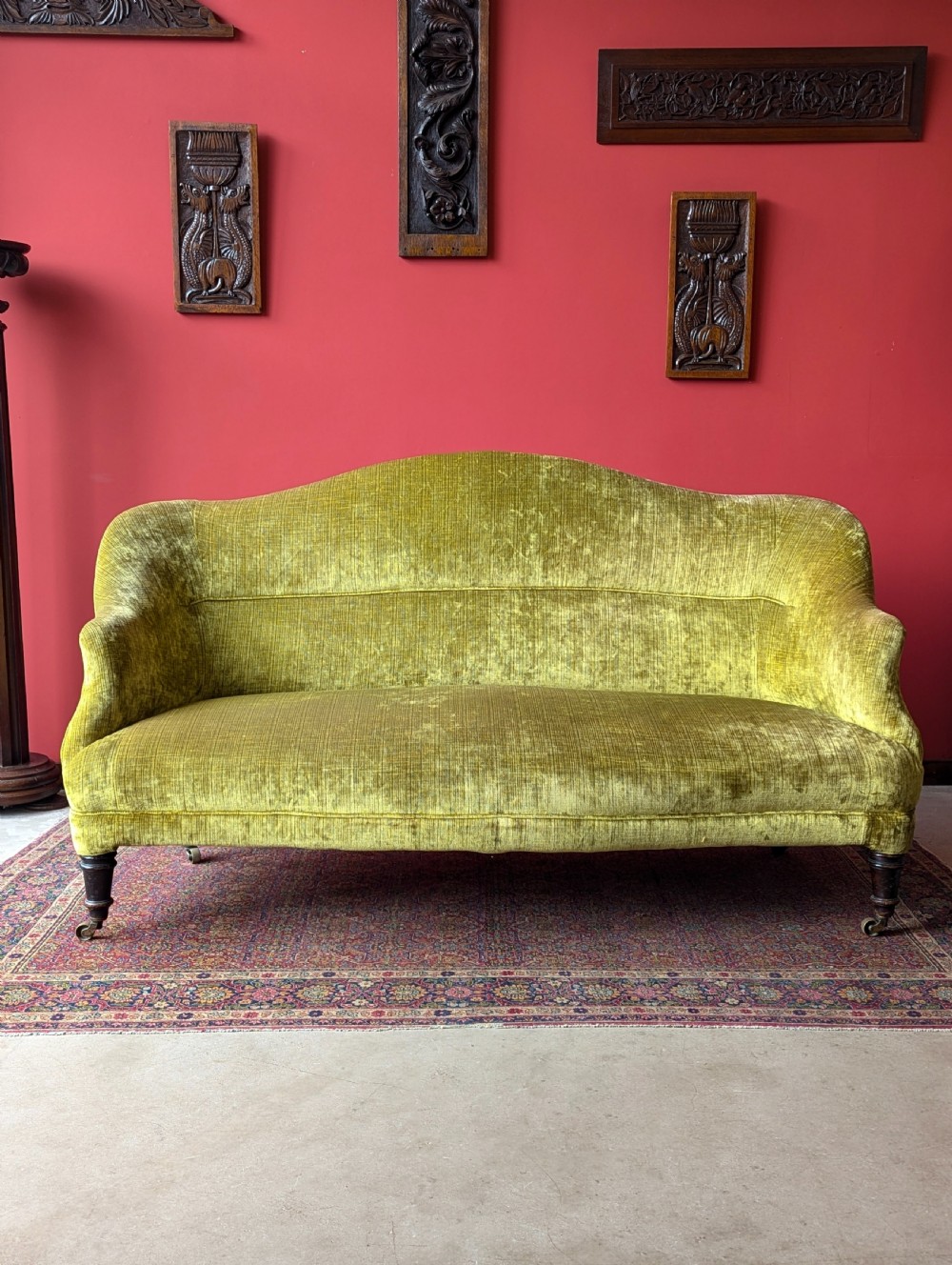 Antique Victorian Mahogany Green Plush Upholstered Settee