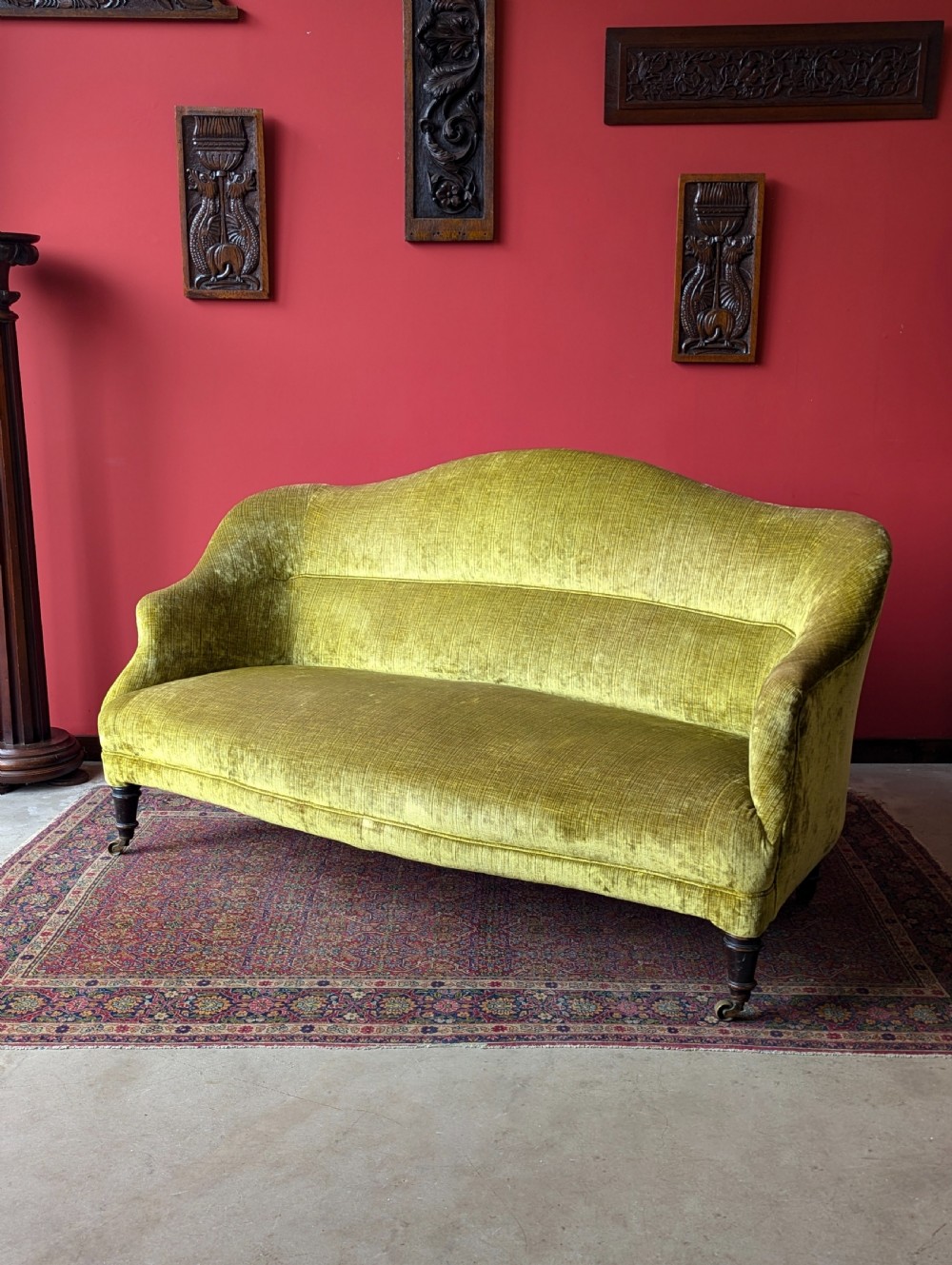 Antique Victorian Mahogany Green Plush Upholstered Settee View II