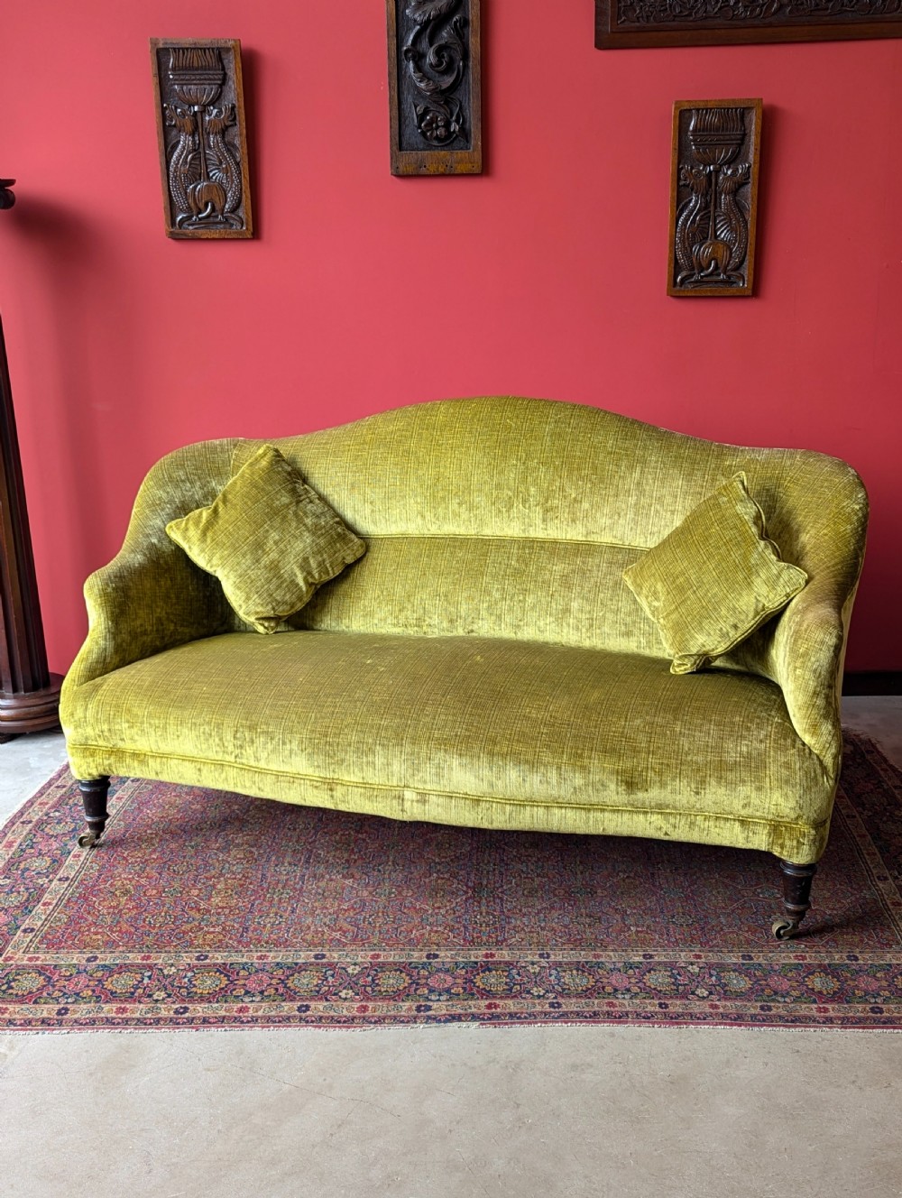 Antique Victorian Mahogany Green Plush Upholstered Settee View IV