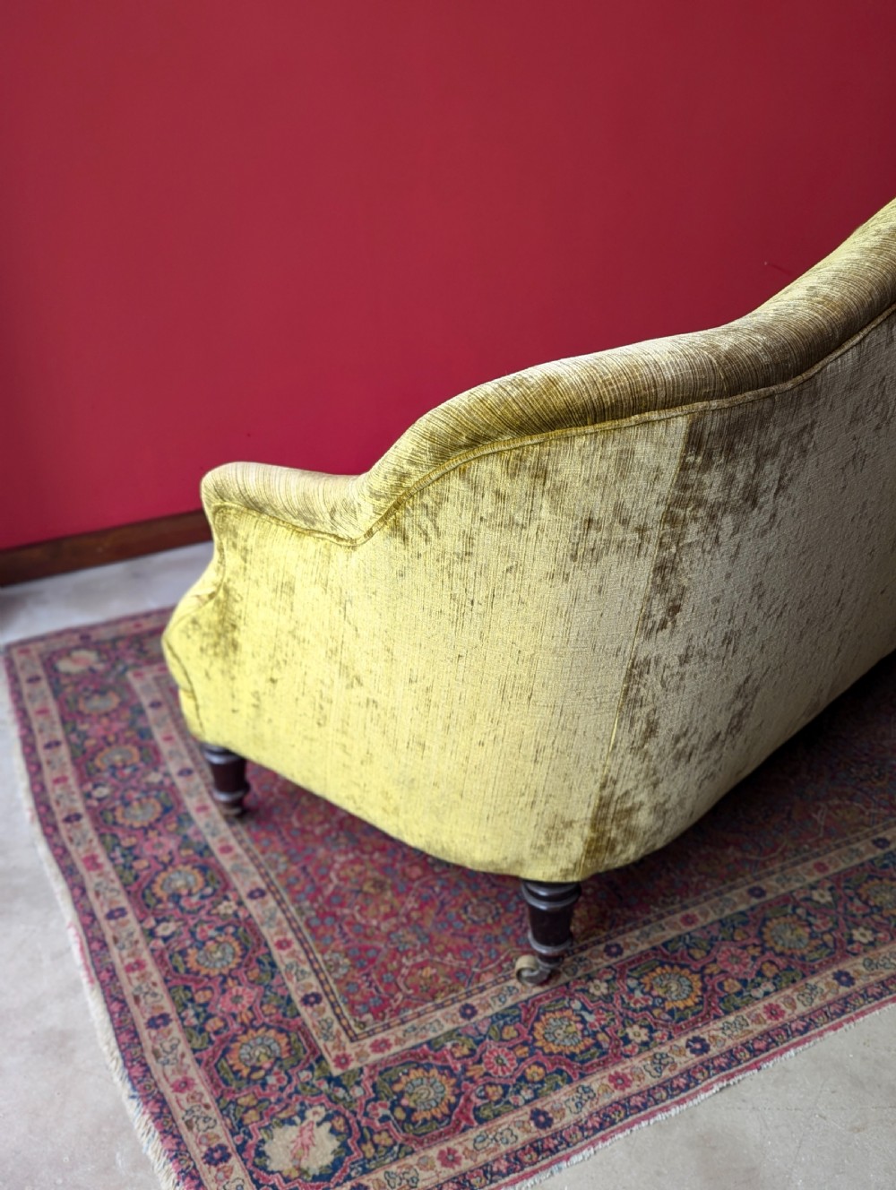 Antique Victorian Mahogany Green Plush Upholstered Settee View V