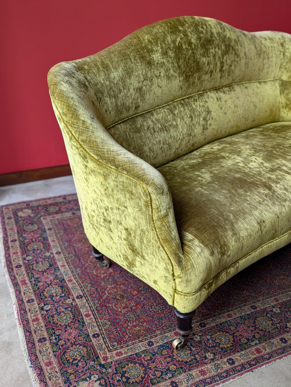 Antique Victorian Mahogany Green Plush Upholstered Settee View VI