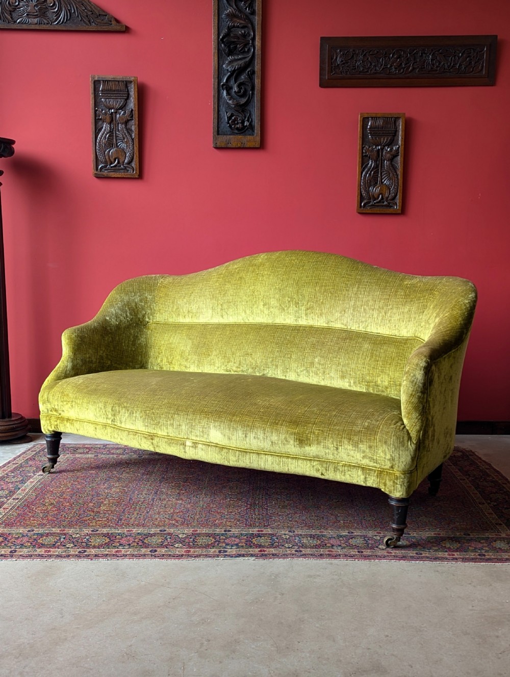 Antique Victorian Mahogany Green Plush Upholstered Settee View VII