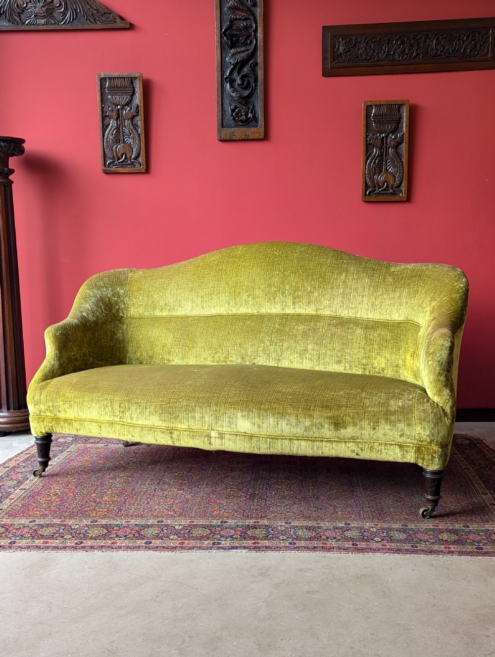 Antique Victorian Mahogany Green Plush Upholstered Settee View VIII