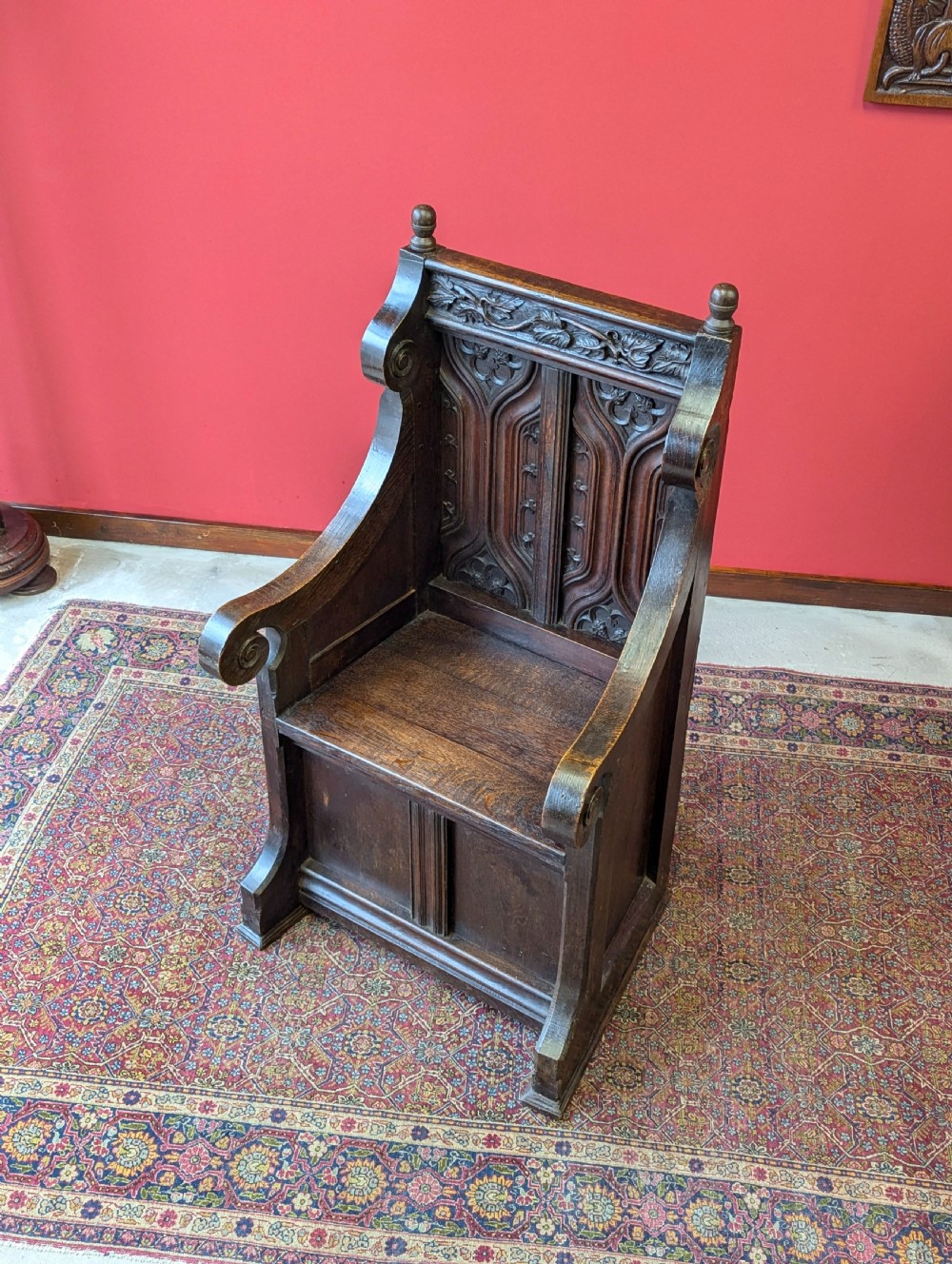 Antique Victorian Oak Throne Hall Chair View III