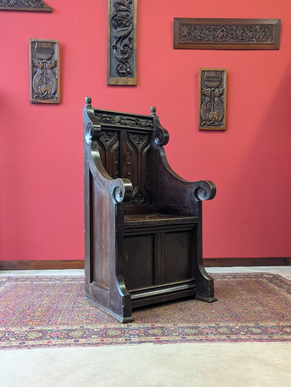 Antique Victorian Oak Throne Hall Chair View IV