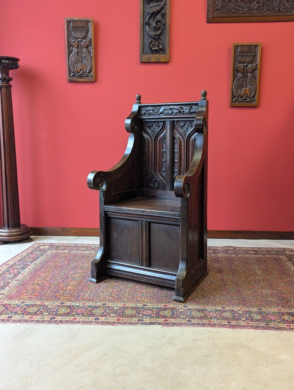 Antique Victorian Oak Throne Hall Chair View IX