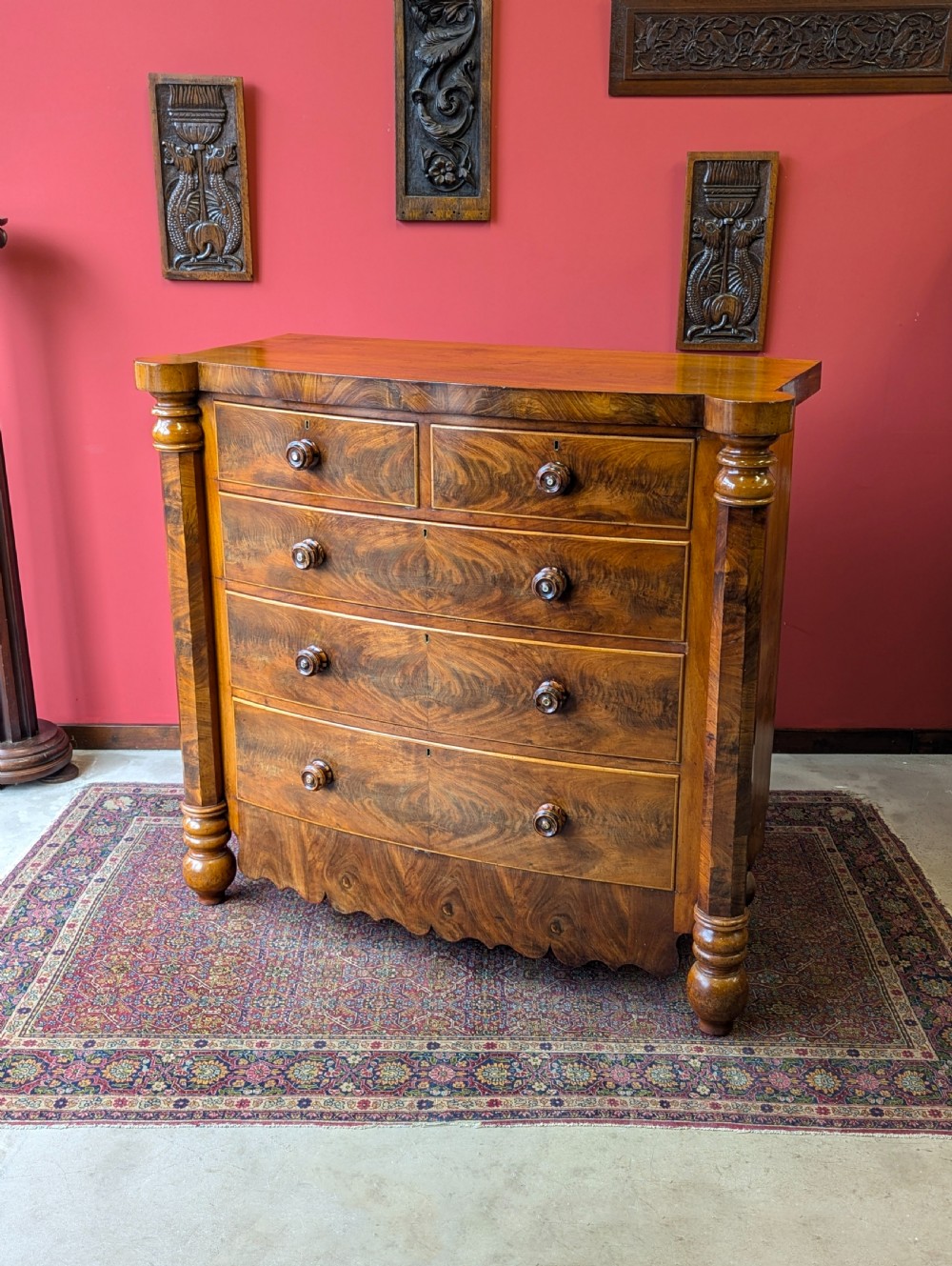 Antique Victorian Flame Mahogany Scotch Chest of Drawers View II