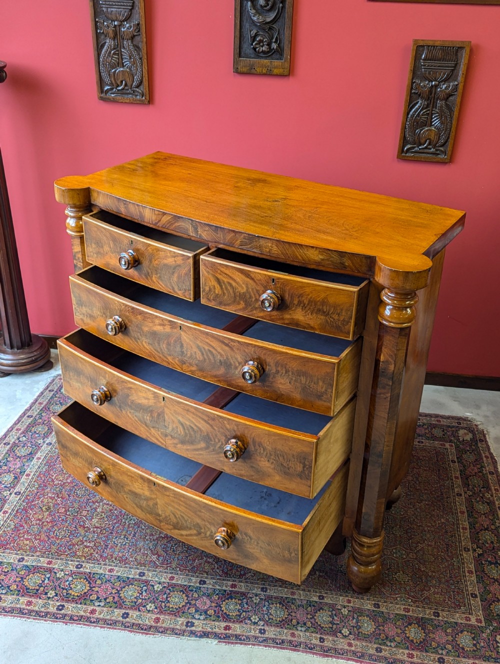 Antique Victorian Flame Mahogany Scotch Chest of Drawers View III