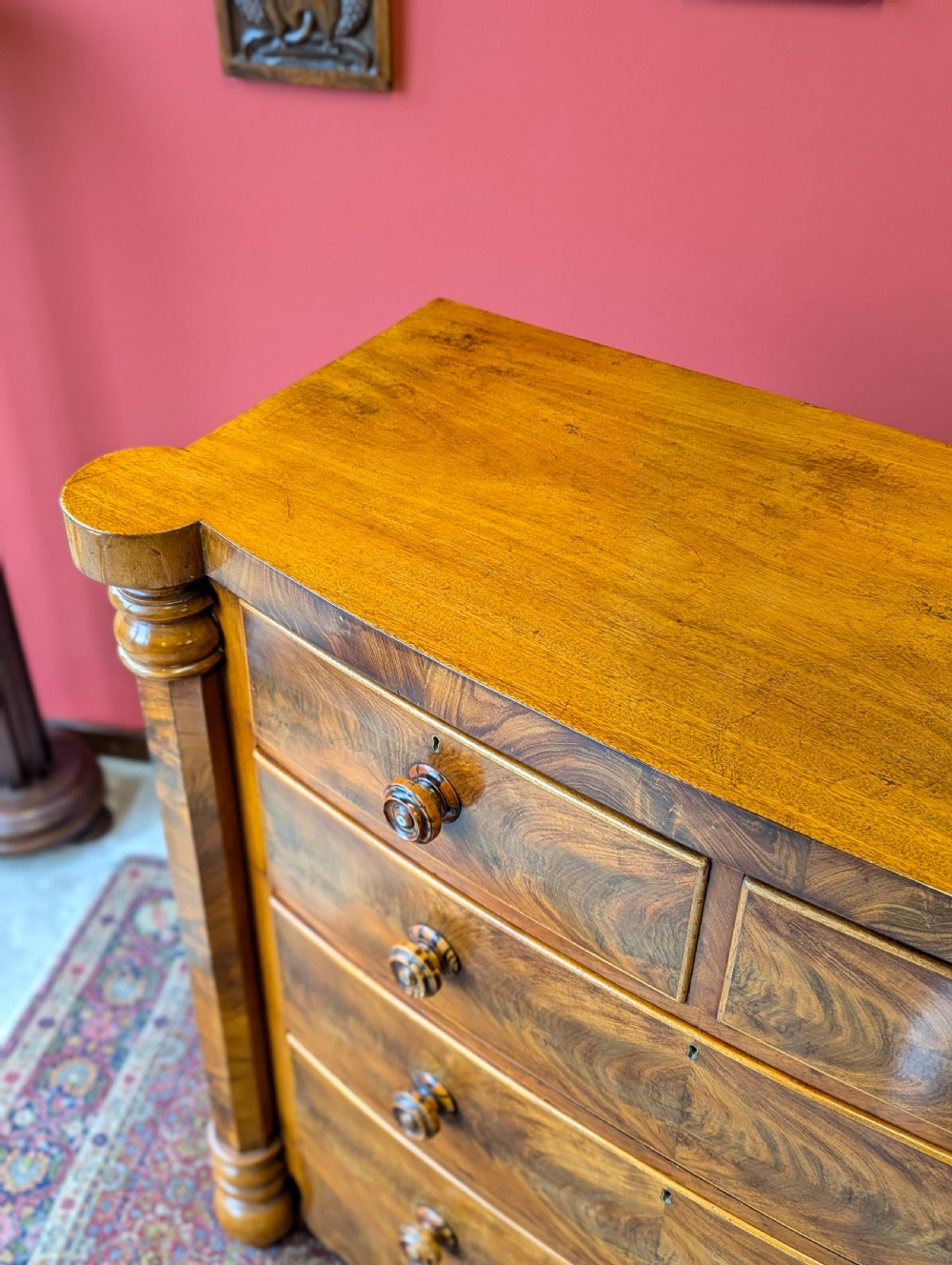 Antique Victorian Flame Mahogany Scotch Chest of Drawers View VI