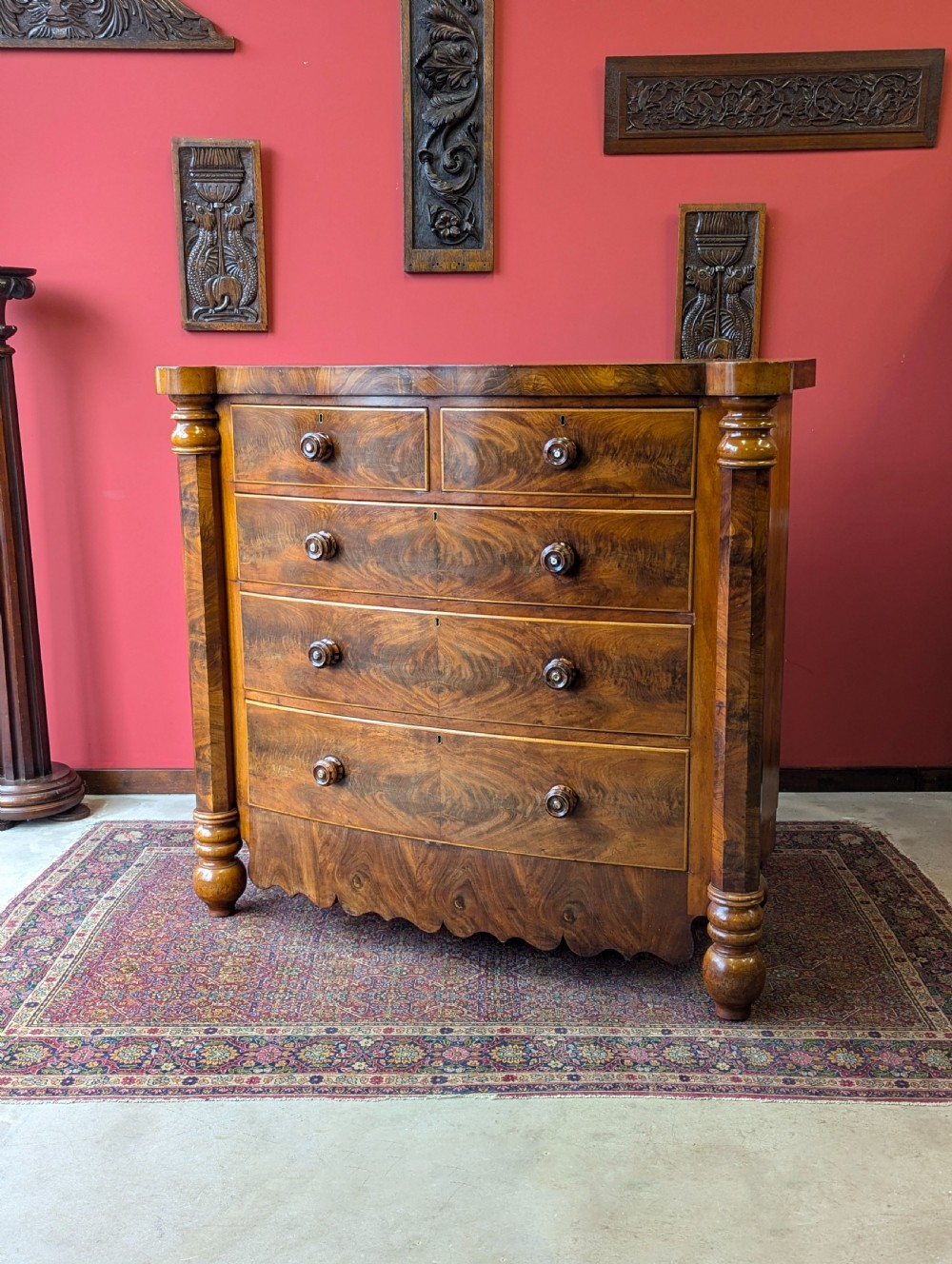 Antique Victorian Flame Mahogany Scotch Chest of Drawers View X