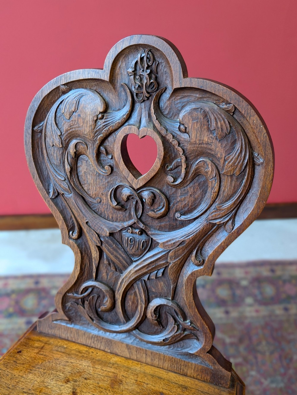 Antique Edwardian Mahogany Shield Back Carved Hall Chair Dated 1910 View VI