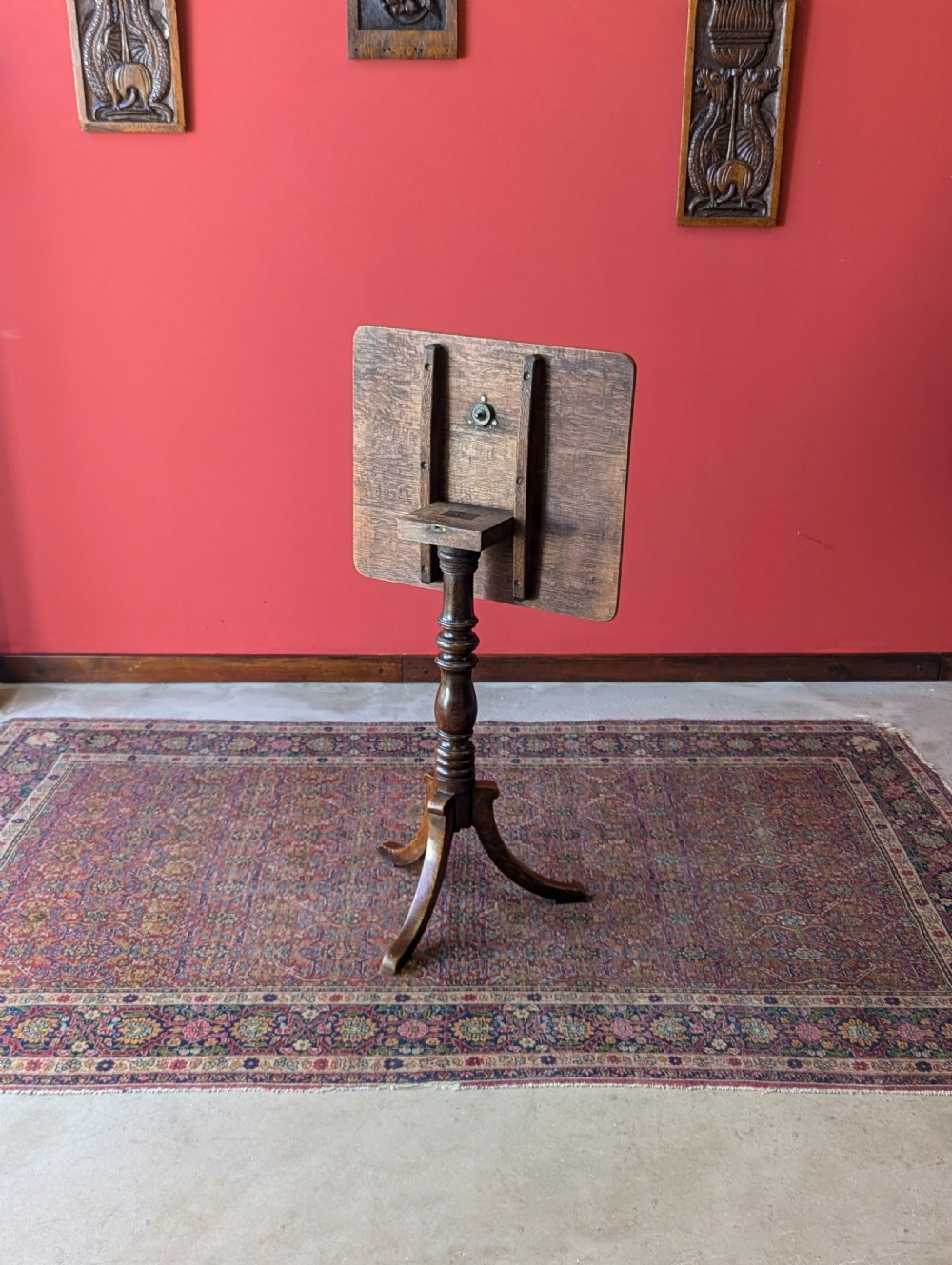 Antique 19th Century Oak Pedestal Tilt Top Wine Table View IV