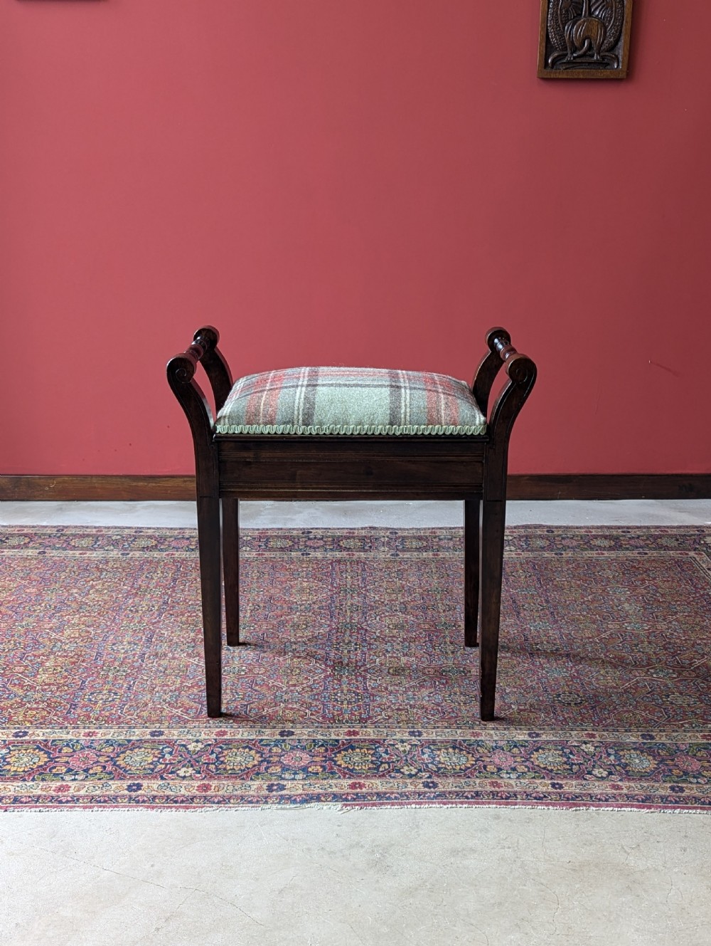 Antique Edwardian Dark Mahogany Tartan Upholstered Piano Stool with Storage View II