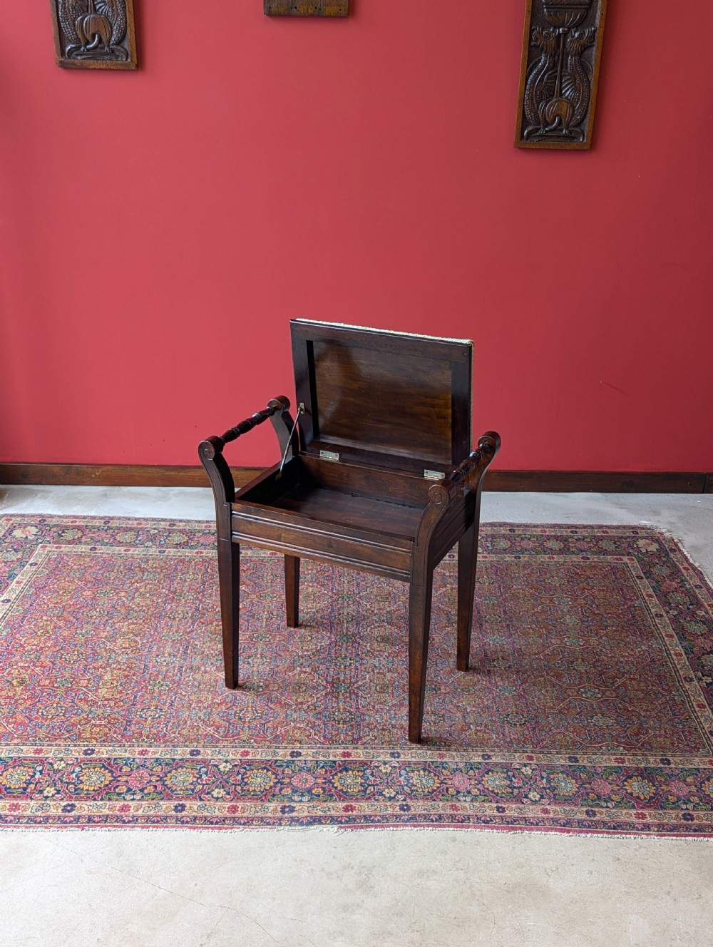 Antique Edwardian Dark Mahogany Tartan Upholstered Piano Stool with Storage View III