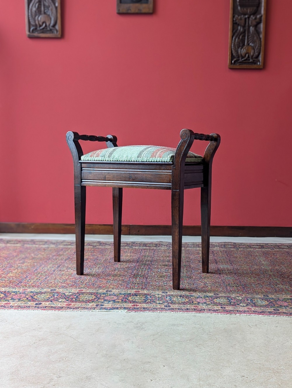 Antique Edwardian Dark Mahogany Tartan Upholstered Piano Stool with Storage View V