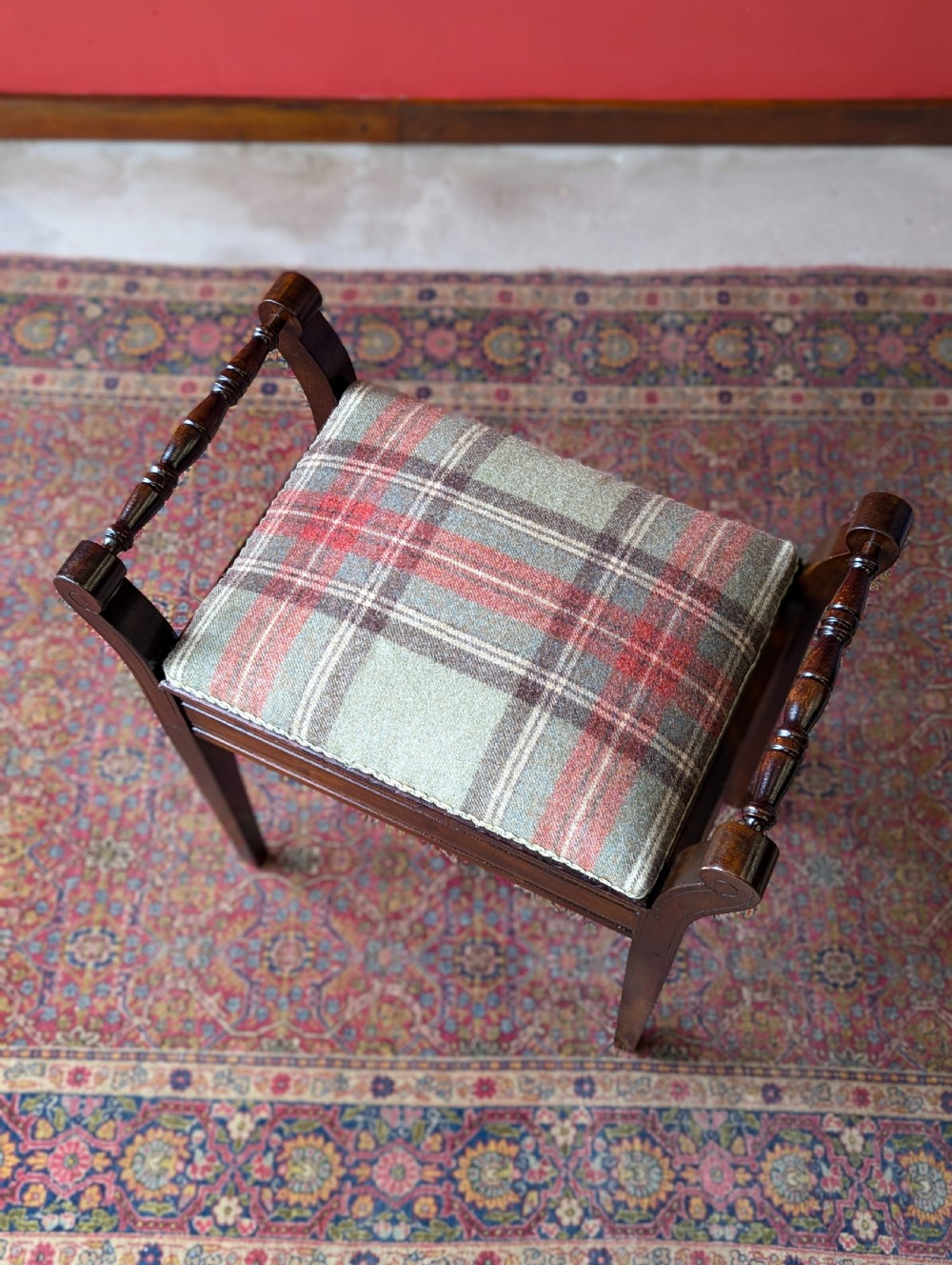 Antique Edwardian Dark Mahogany Tartan Upholstered Piano Stool with Storage View VI