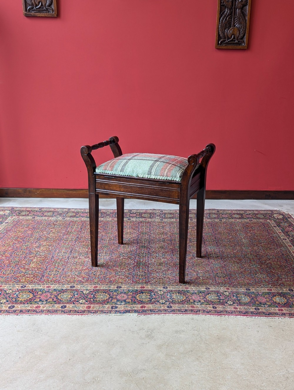 Antique Edwardian Dark Mahogany Tartan Upholstered Piano Stool with Storage View VII