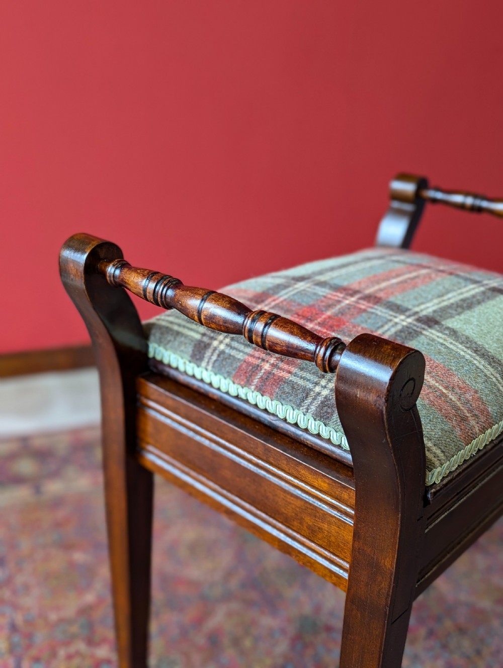 Antique Edwardian Dark Mahogany Tartan Upholstered Piano Stool with Storage View VIII