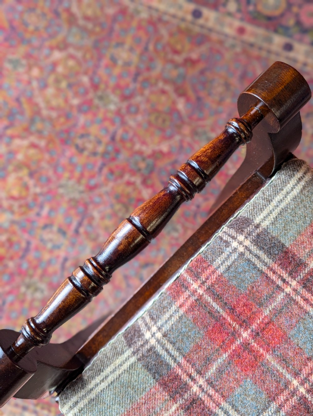 Antique Edwardian Dark Mahogany Tartan Upholstered Piano Stool with Storage View IX