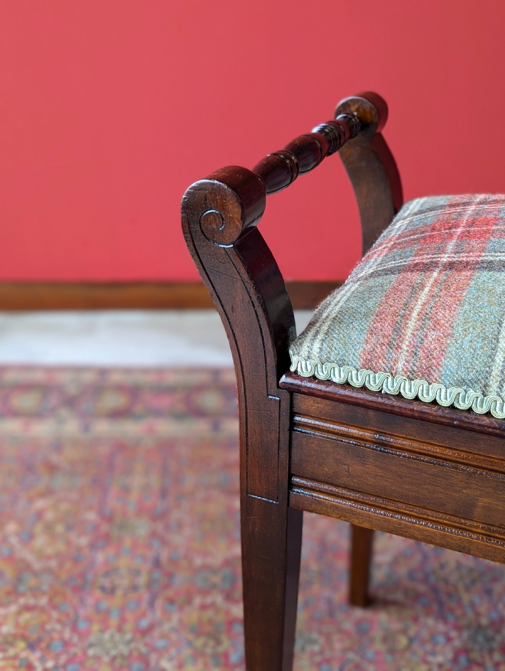 Antique Edwardian Dark Mahogany Tartan Upholstered Piano Stool with Storage View X