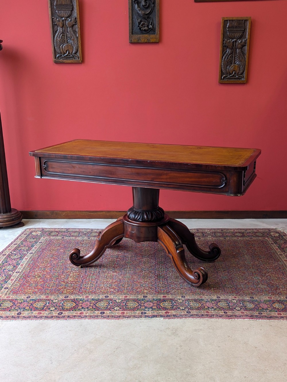 Antique 19th Century Leather Topped Mahogany Pedestal Library Centre Table View II
