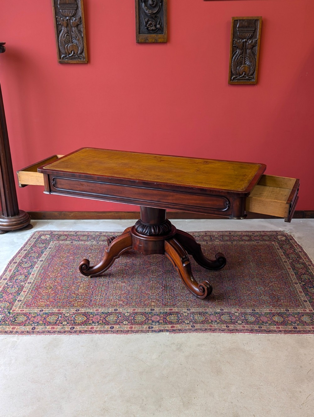 Antique 19th Century Leather Topped Mahogany Pedestal Library Centre Table View IV
