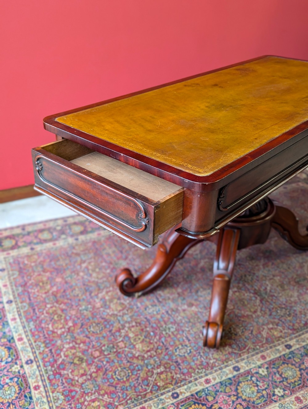 Antique 19th Century Leather Topped Mahogany Pedestal Library Centre Table View VI