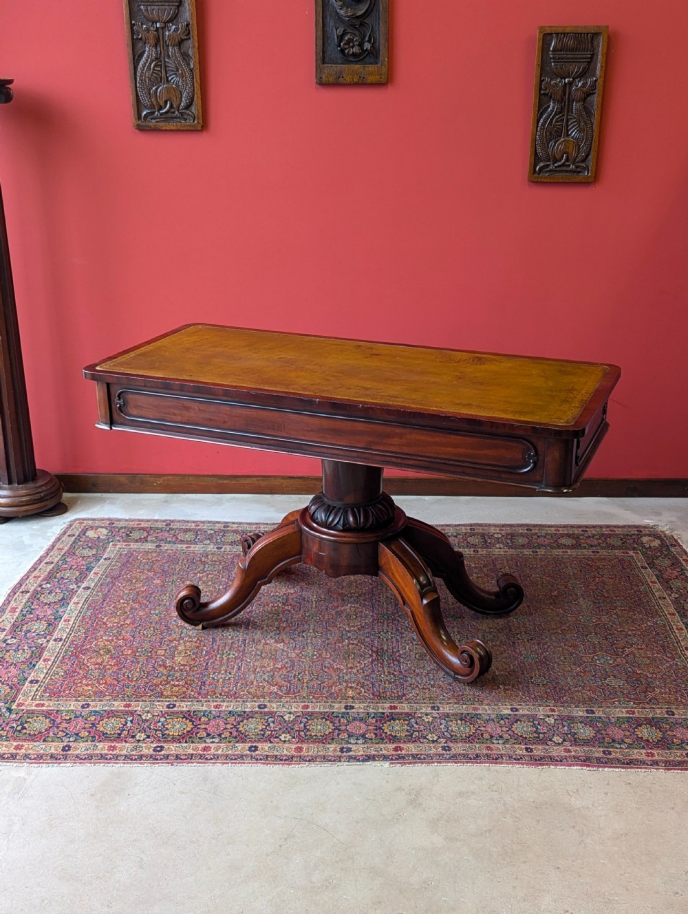 Antique 19th Century Leather Topped Mahogany Pedestal Library Centre Table View VIII