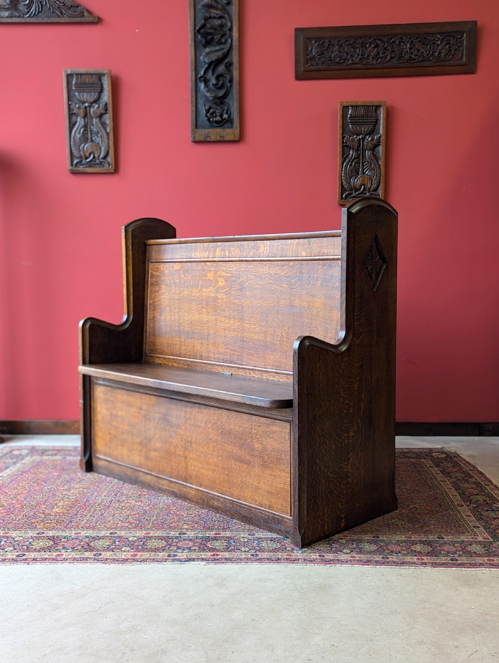 Antique Early 20th Century Oak Chapel Pew with Storage