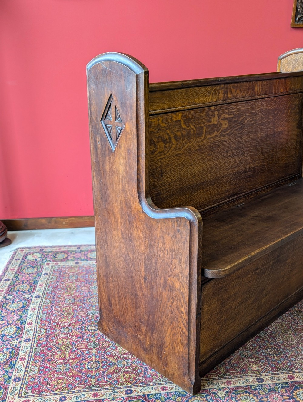Antique Early 20th Century Oak Chapel Pew with Storage View IV