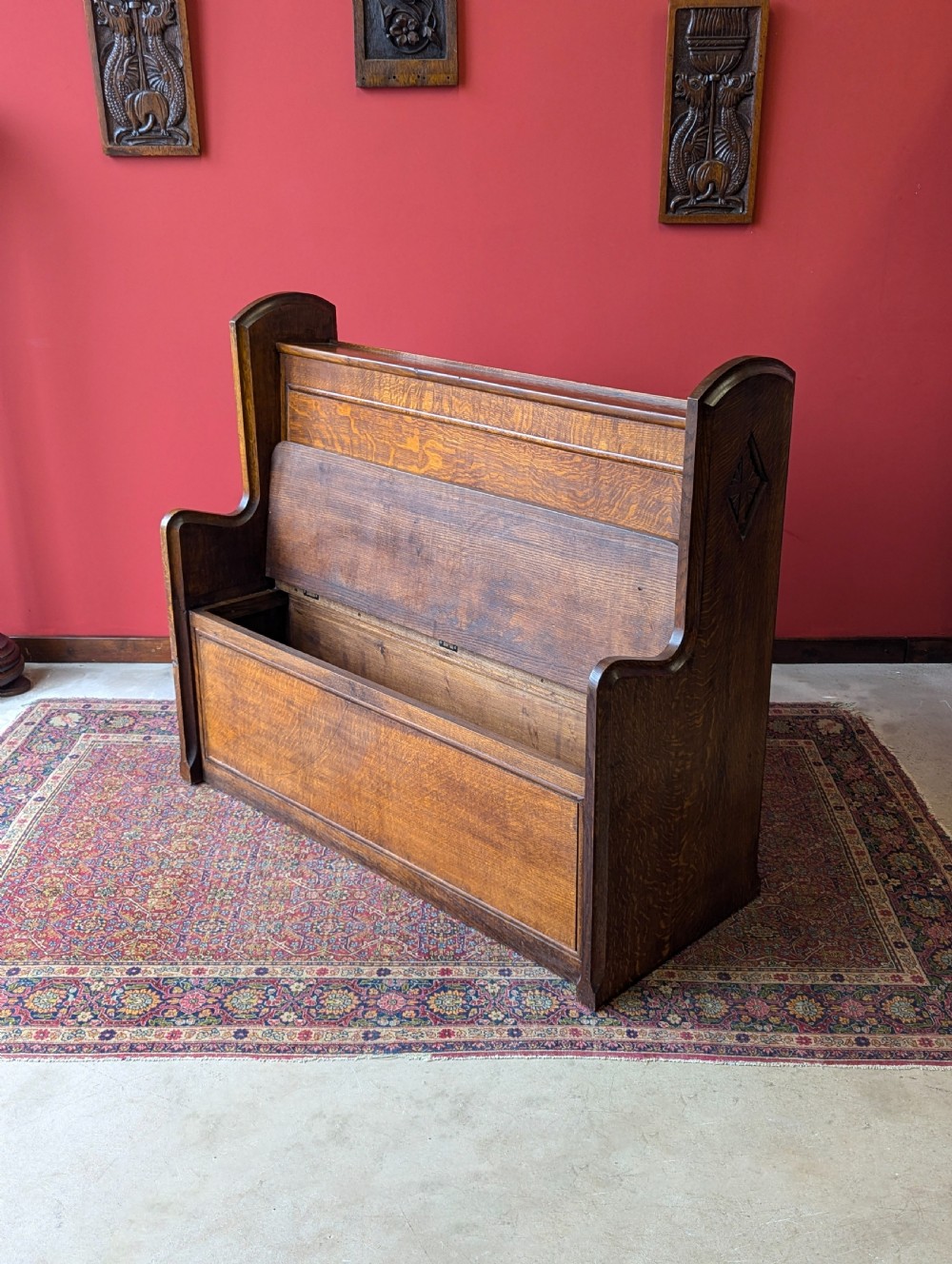Antique Early 20th Century Oak Chapel Pew with Storage View V