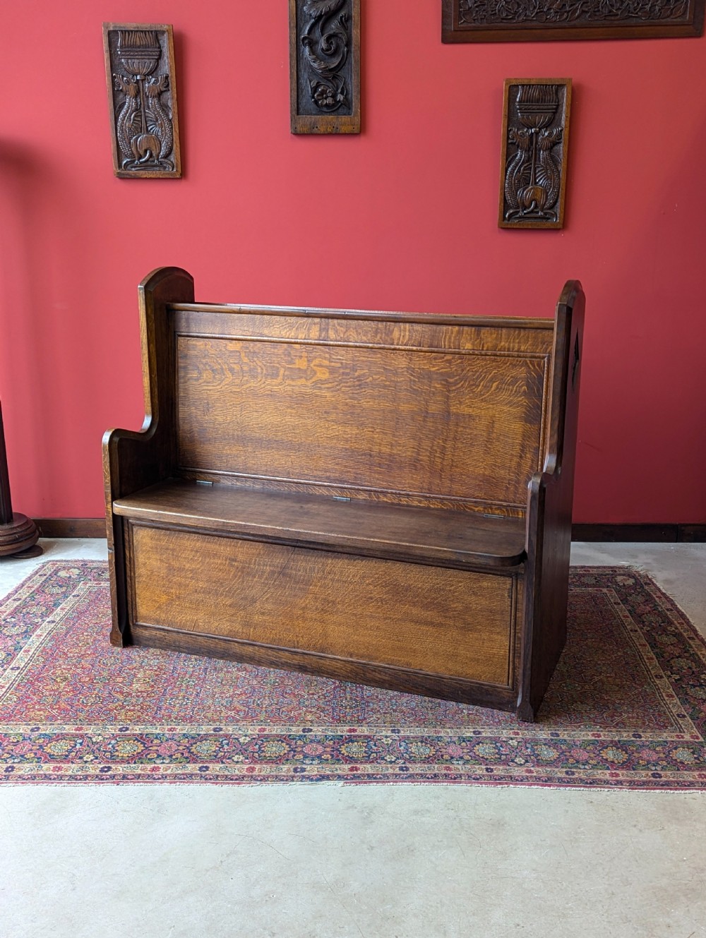 Antique Early 20th Century Oak Chapel Pew with Storage View VI