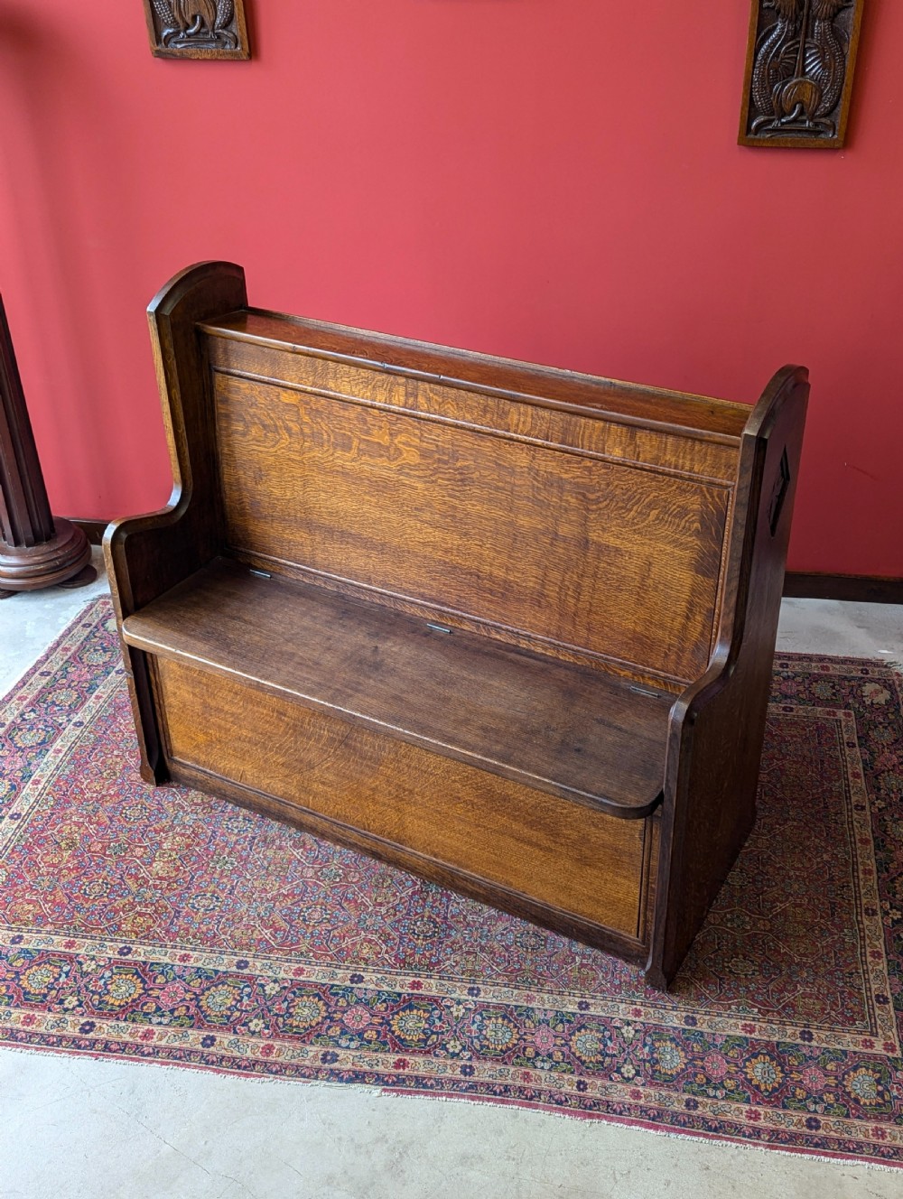 Antique Early 20th Century Oak Chapel Pew with Storage View VII