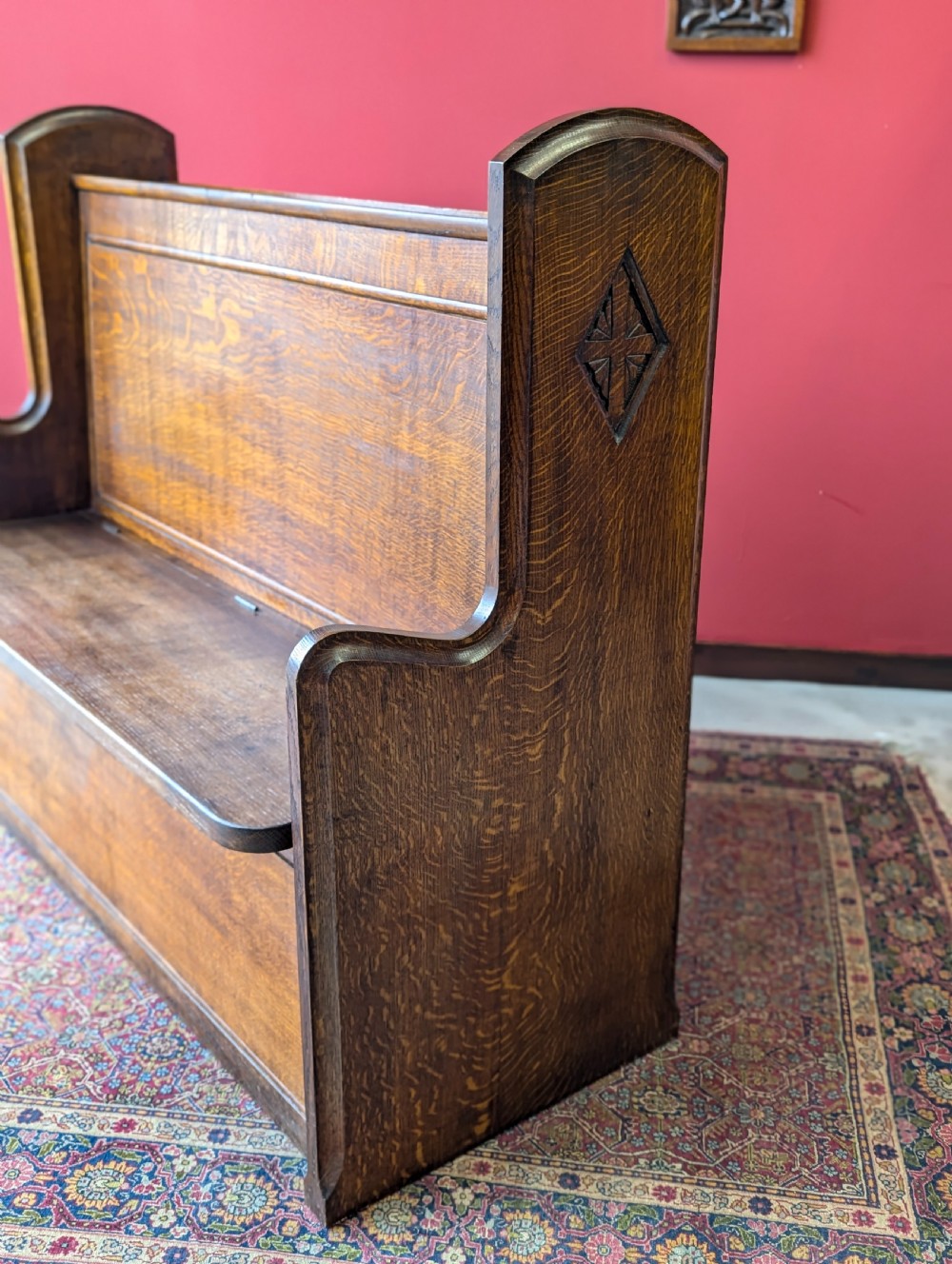Antique Early 20th Century Oak Chapel Pew with Storage View VIII