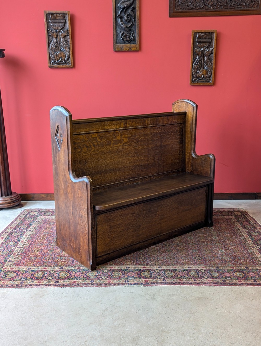 Antique Early 20th Century Oak Chapel Pew with Storage View IX